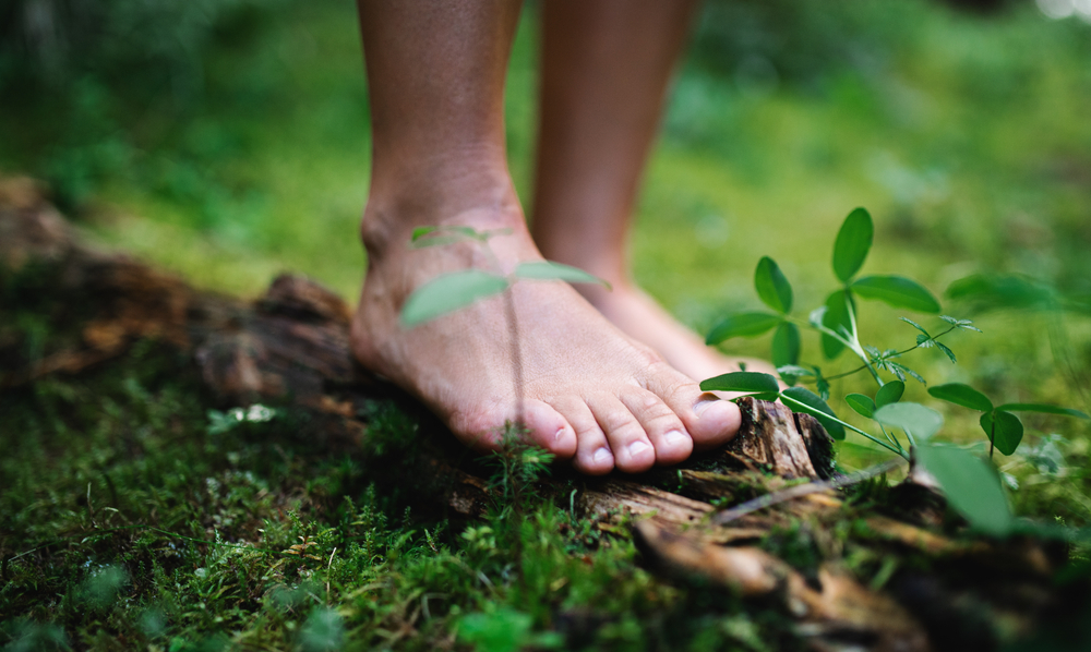 bare,feet,of,man,standing,barefoot,outdoors,in,nature,,grounding
